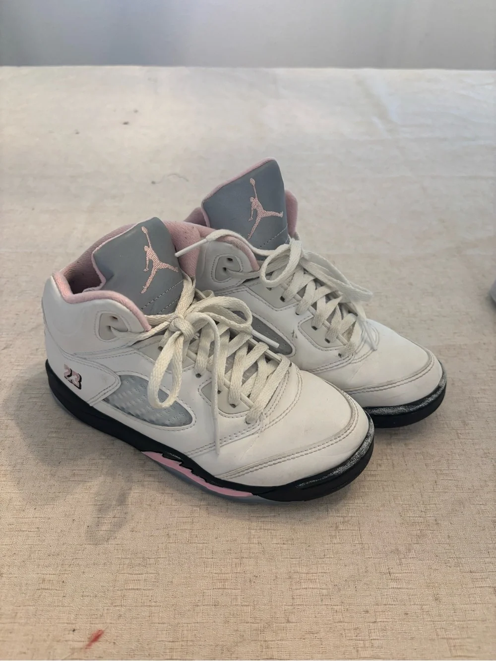 Kids White and Pink Jordan Retro 5 High-Top Athletic Sneakers